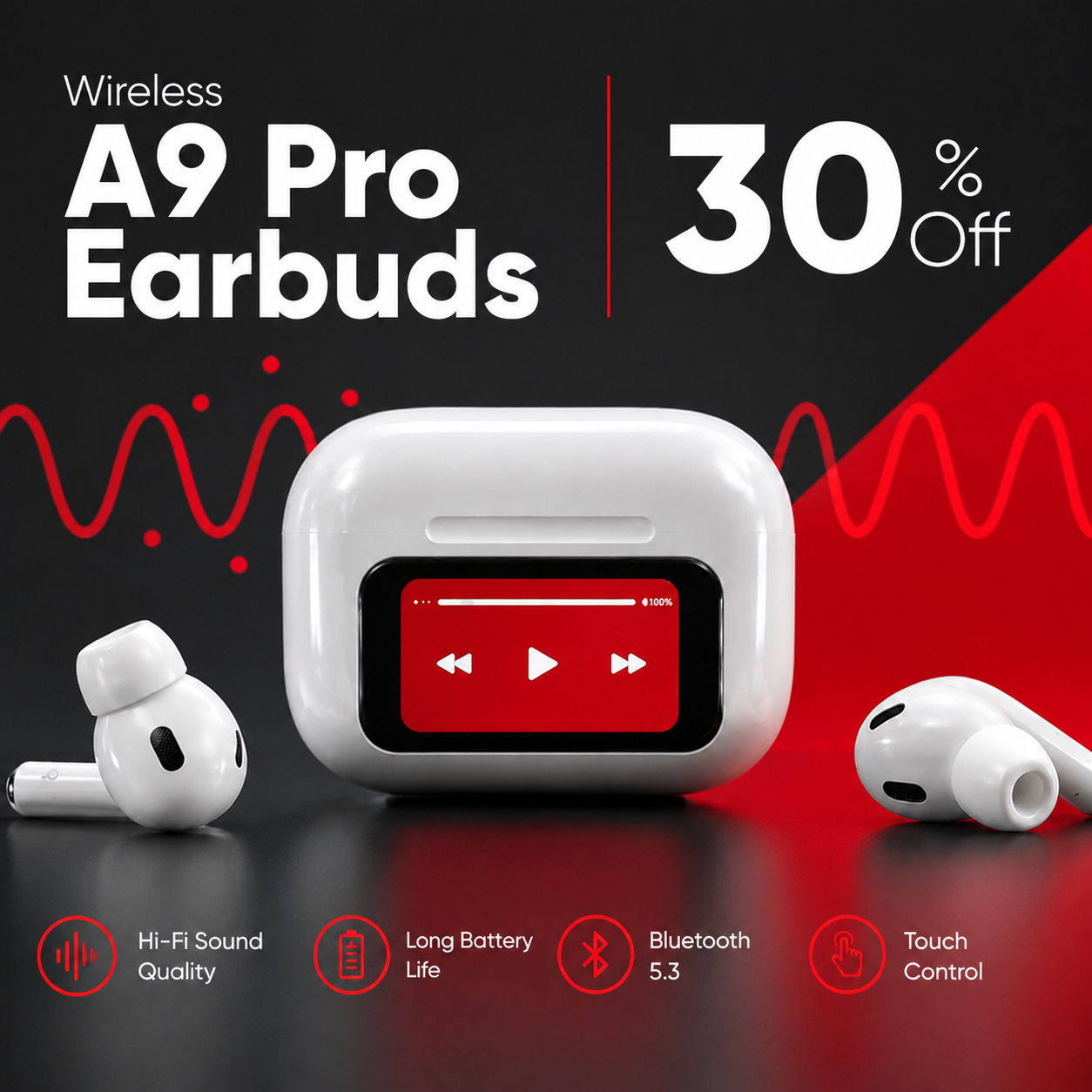 AirPods Pro A9 – Double Dark Noise Reduction with ANC & ENC, Battery Display, and Touch Control